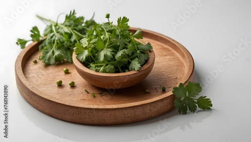 Close-Up of Coriander on Wooden Tray on White Background