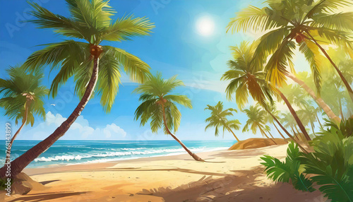 Beach scene with tall green palm trees, blue ocean and sandy beach. Tropical paradise. Summer landscape.