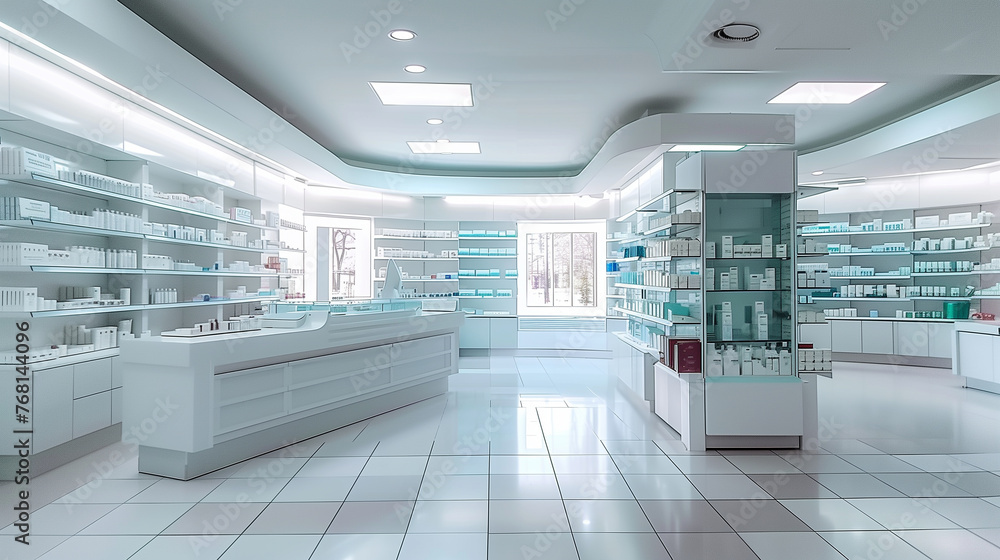 An empty modern pharmacy interior with neatly arranged products on shelves, bright lighting, and a clean, organized atmosphere.