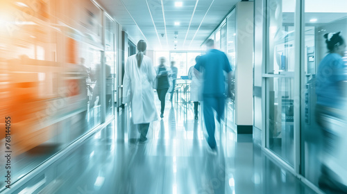 Obraz na płótnie Blur motion of healthcare professionals and patient in hospital hallway, depicting busy medical environment and care. w salonie