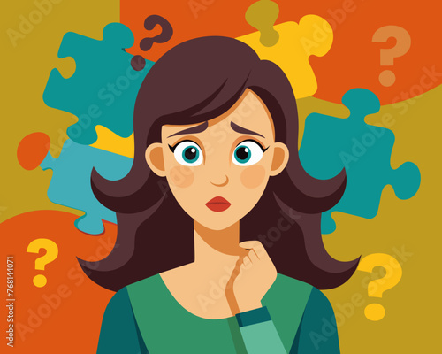 Young puzzled, doubtful, confused woman thinking, trying to find solution, worried expression on his face, concept - Sorry, don't know how it happened. Copy space.