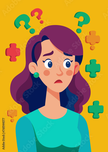 Young puzzled, doubtful, confused woman thinking, trying to find solution, worried expression on his face, concept - Sorry, don't know how it happened. Copy space.