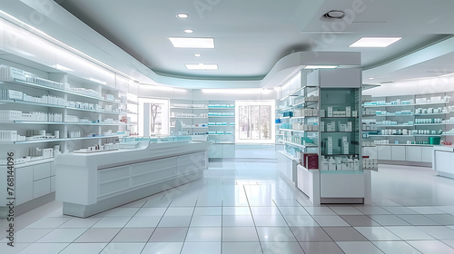 Obraz na płótnie An empty modern pharmacy interior with neatly arranged products on shelves, bright lighting, and a clean, organized atmosphere. w salonie