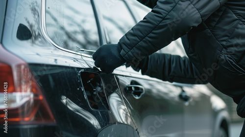 Close-up shot of a burglar wearing gloves, using a screwdriver to unlawfully break into a car. © RicardoLuiz