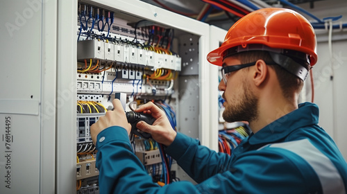 Focused professional electrician working diligently on a complex electrical switchboard with tools in hand.