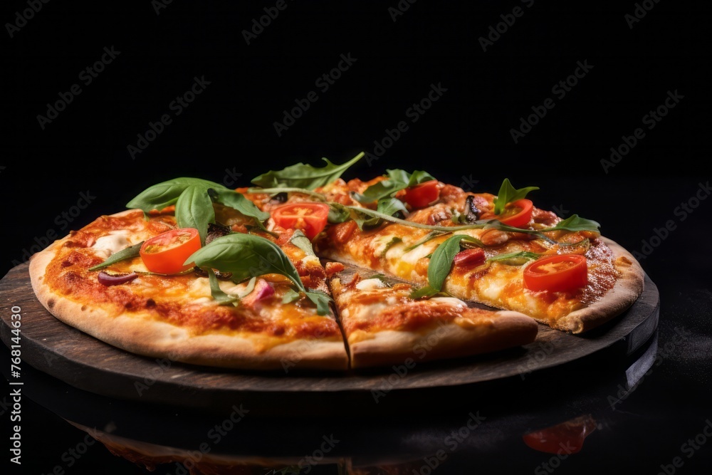 Tasty pizza on a slate plate against a white ceramic background