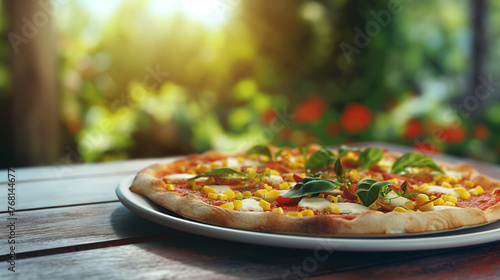 prato de pizza de milho com queijo em um mesa no fundo desfocado