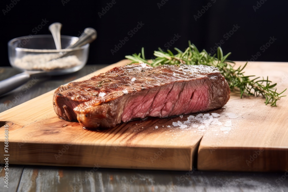 Exquisite medium rare ribeye steak on a wooden board against a white ceramic background