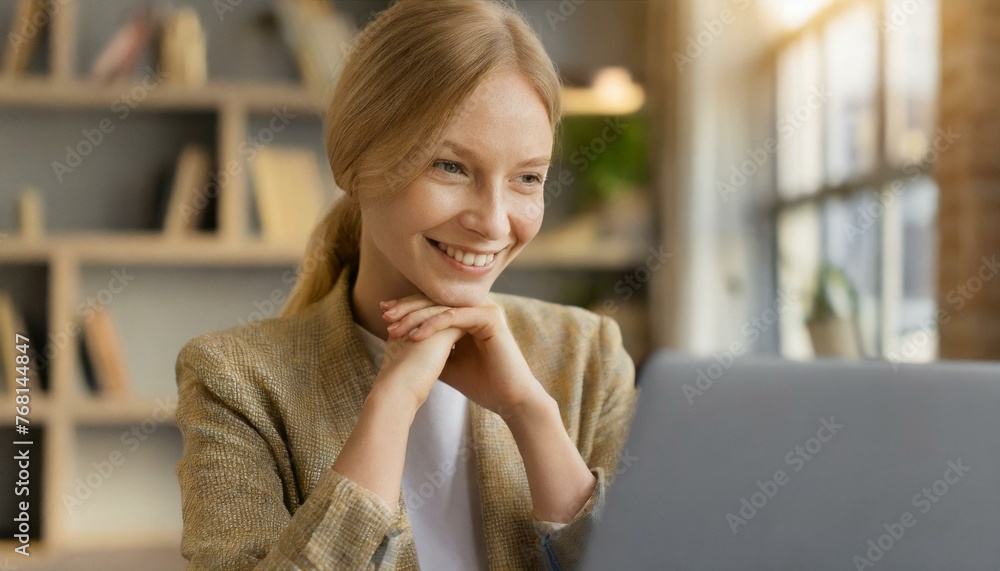 Happy young nice woman looking at the laptop screen, holding video call meeting conversation, discussing working issues, passing job interview from home. Distant communication concept Happy young nice woman looking at the laptop screen, holding video call meeting conversation, discussing working issues, passing job interview from home. Distant communication concept