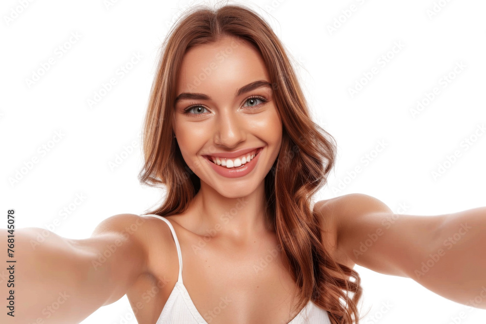 Portrait of beautiful young woman taking selfie posing with smile and attractive focus look, isolated on transparent png background. Portrait of beautiful young woman taking selfie posing with smile and attractive focus look, isolated on transparent png background.