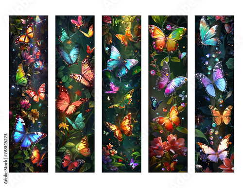 Beautiful bookmarks for book lovers, set of 5, decorative design, size of bookmarks 4,5cm x 18cm, illistration, PNG, love to read, Colorful Spring 3D Butterfly photo
