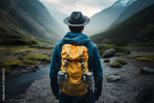 Digital Hipster hiker with yellow backpack, epitomizing adventurous travel spirit photo