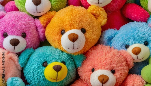 Full frame image of many colorful teddy bears squeezing each other and squinting  © Marko