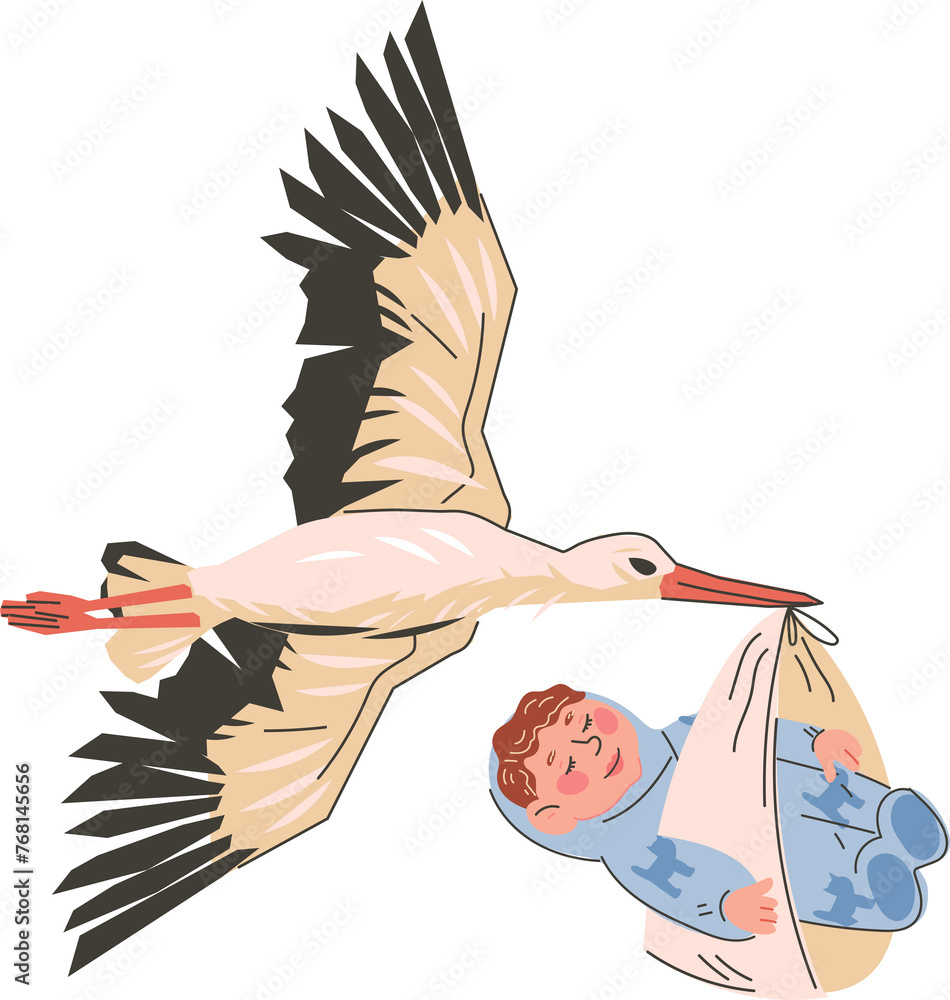 Naklejka premium Card for announcement of arrival of a new baby or a birthday featuring stork with newborn child. Perfect for baby showers and birthday.