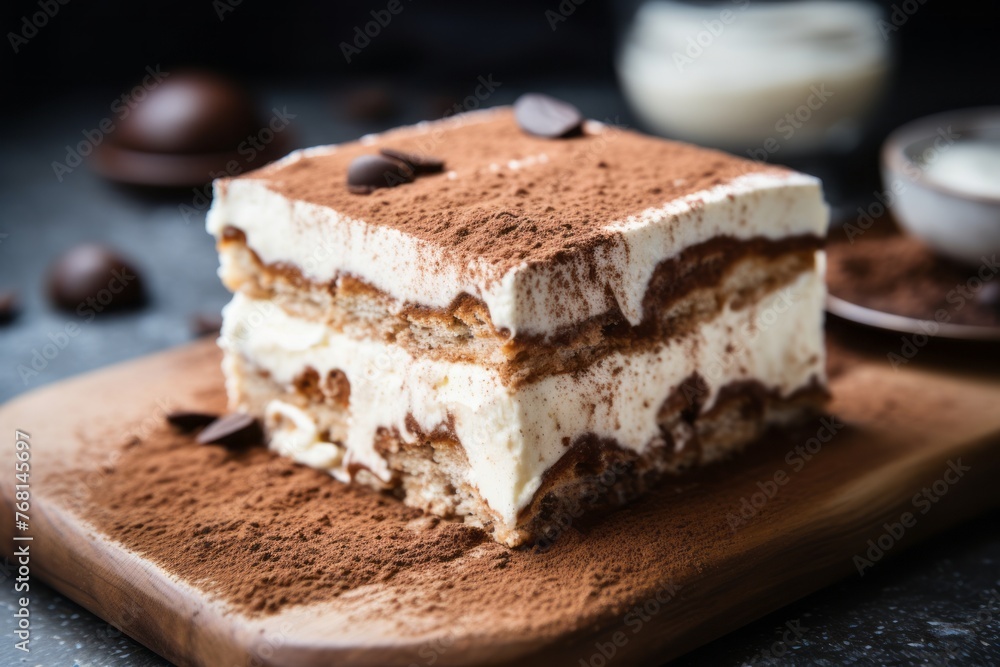 Delicious tiramisu on a wooden board against a white ceramic background Delicious tiramisu on a wooden board against a white ceramic background