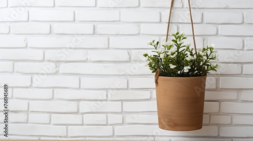 Wooden plant pot hanging in front of an white brick wall © Media Srock