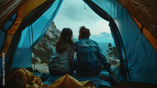 Adventurous Couple Shares an Intimate Moment Over a Stunning Cliffside Dusk View