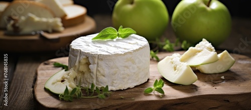 A wooden cutting board is adorned with slices of goat cheese and fresh apples, creating a simple yet elegant display. The natural colors of the food contrast beautifully with the rustic wood
