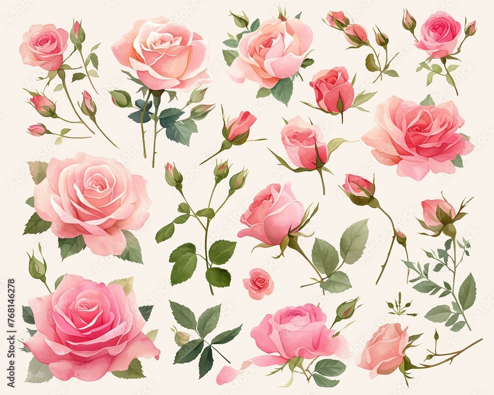 Watercolor rose clipart in various colors and angles