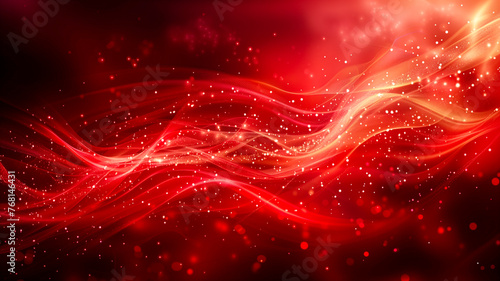 red abstract background with glowing waves and light particles	