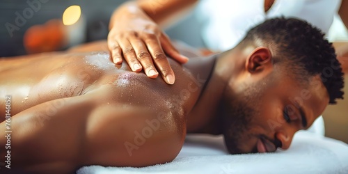 A man receiving a back massage at a spa representing relaxation and selfcare at a wellness center. Concept Relaxation techniques, Wellness centers, Massage therapy, Self-care activities photo
