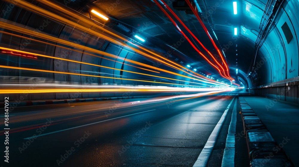 At night, the tunnel is illuminated, forming a line of lights. At night, the tunnel is illuminated, forming a line of lights.