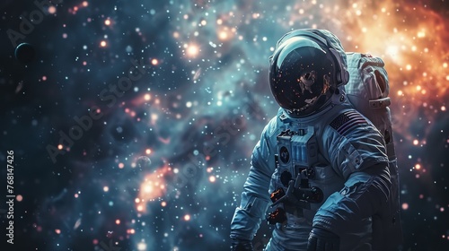 Astronaut in Space Suit Standing Before Star Filled Sky