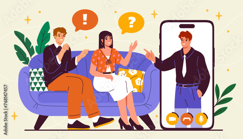 Family doctor online concept. Psychologist consultation on internet. Mental health and relationship problems. Psychological care. Cartoon flat vector illustration isolated on beige background