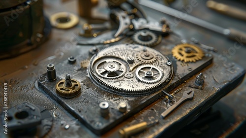Gears and tools on the watchmaker's table .