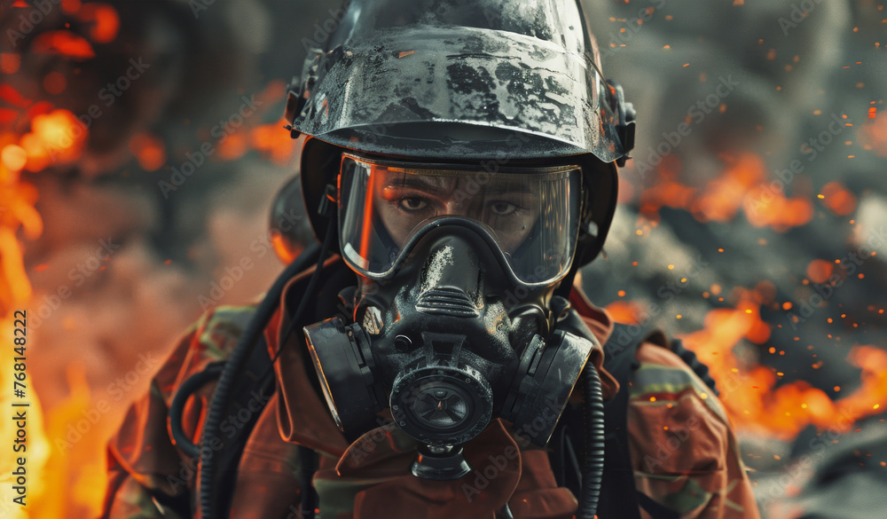 Close up, face firefighter in working the disaster zone. Close up, face firefighter in working the disaster zone.