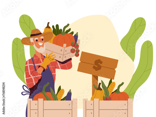Farmer sell vegetables. Elderly man with cardboard boxes with natural and organic products. Support your local shop. Pensioner with boxes with tomato and eggplants. Cartoon flat vector illustration