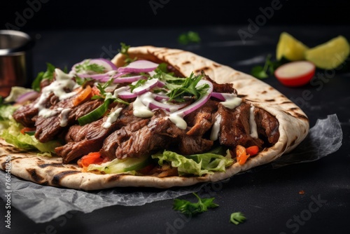 Tasty doner kebab on a slate plate against a grey concrete background