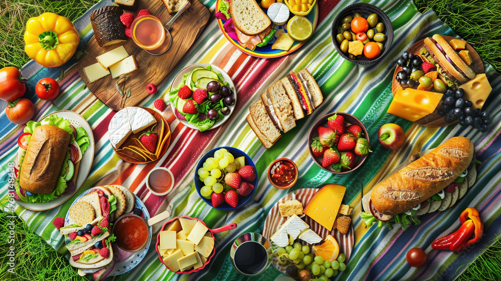 Aerial View of Picnic Blanket Spread with Delicious Food in Park Setting