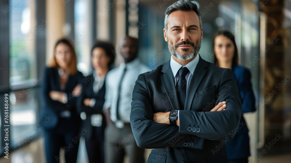 Confident corporate team, led by its leader, posing in their office. Confident corporate team, led by its leader, posing in their office.