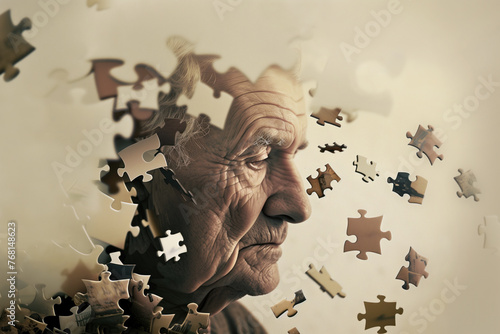 Old woman turning invisible as puzzle pieces detach and fly away, invisibility and memory concept