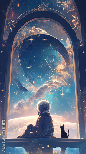 A stronaut A and his cat sat in front of the window, looking at the stars. AI generated
 photo