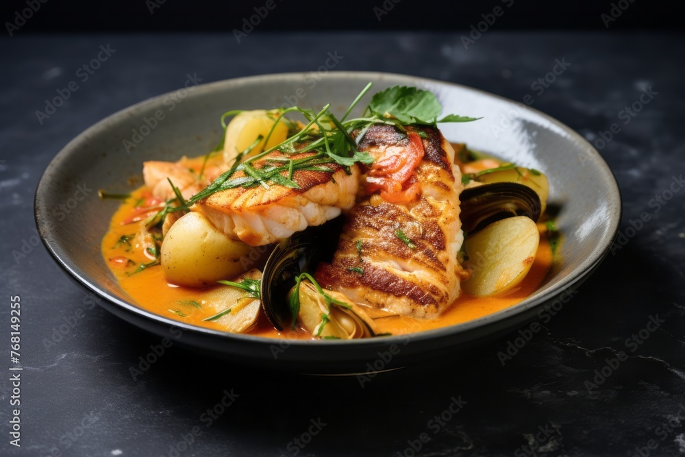 Juicy bouillabaisse on a rustic plate against a grey concrete background Juicy bouillabaisse on a rustic plate against a grey concrete background