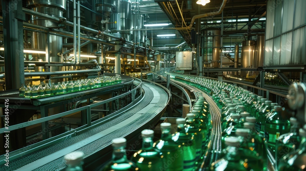 Fototapeta premium Witness the intricate manufacturing process in close-up, as glass bottles with screw caps travel along the conveyor belt