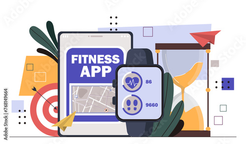 Fitness application concept. Active lifestyle and sports. Fitness and workout. Information and statistics for athlete and sportsman. Gadget and device. Cartoon flat vector illustration