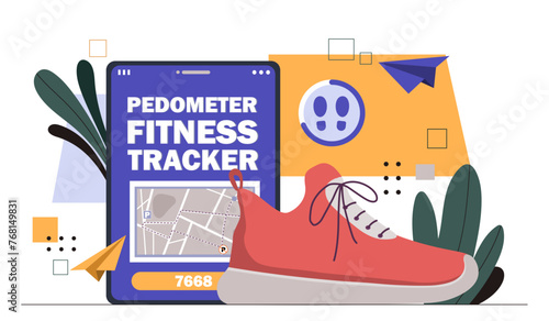 Fitness tracker application concept. Active lifestyle and sports. Fitness and workout. Information and statistics for marathon runner. Map with running route. Cartoon flat vector illustration