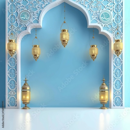 3d modern Islamic holiday banner, suitable for Ramadan, Eid al Adha. A lit up lantern and crescent moon decor on serene evening blue background. High quality photo