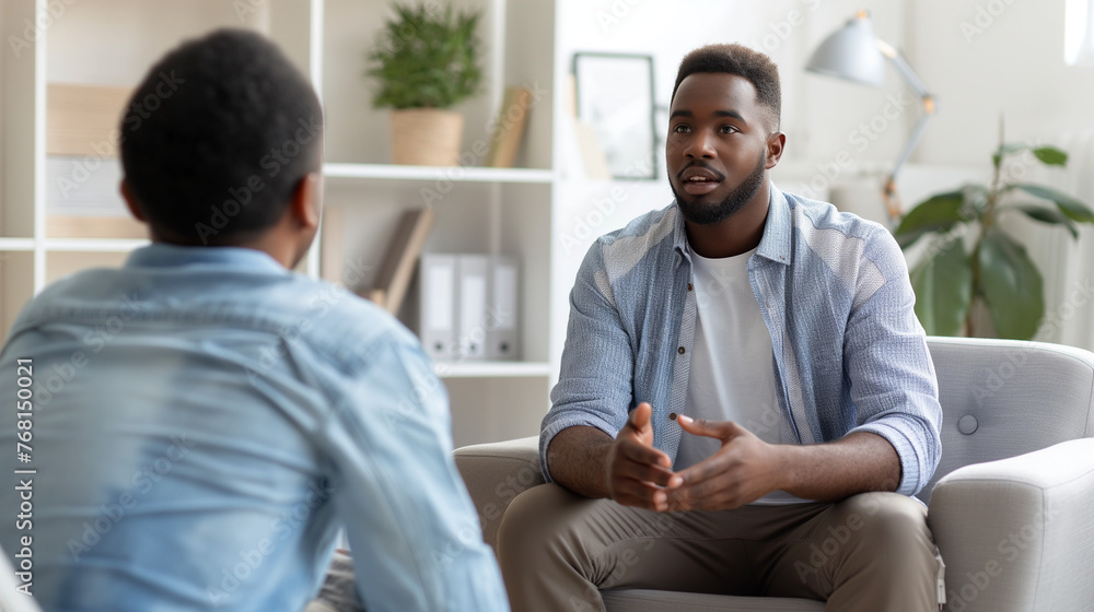 Amidst the soothing ambiance of the psychologist's office, a positive black man sits at ease, sharing his progress and achievements from therapy with a sense of empowerment. Amidst the soothing ambiance of the psychologist's office, a positive black man sits at ease, sharing his progress and achievements from therapy with a sense of empowerment.