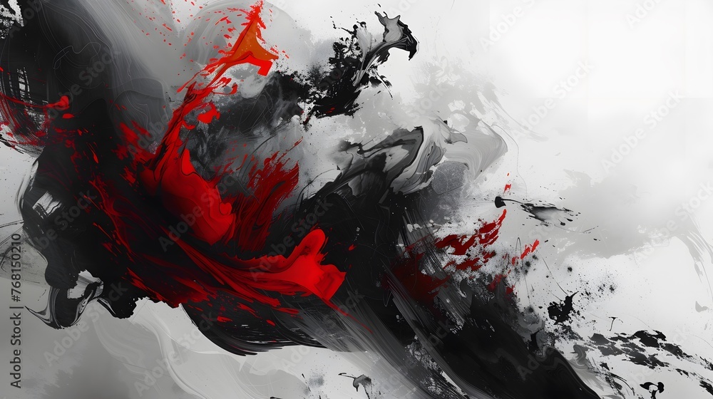 Black and red ink painting of a landscape with Japanese oriental style. Black and red ink painting of a landscape with Japanese oriental style.
