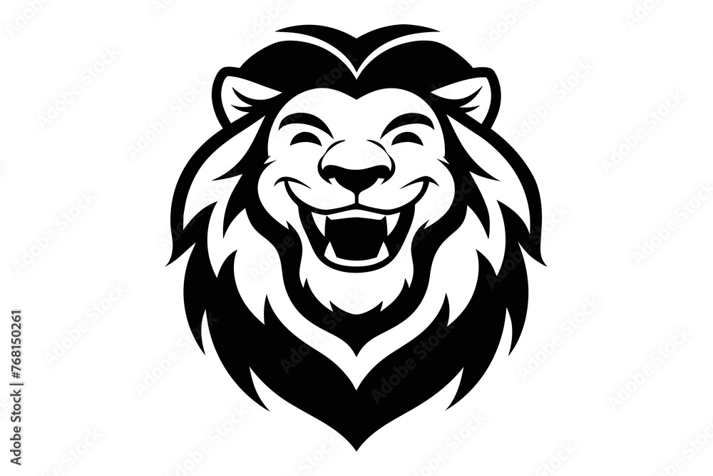 Lion with a big smile, for a logo. Simple black and white drawing style, with few drawing lines hgh