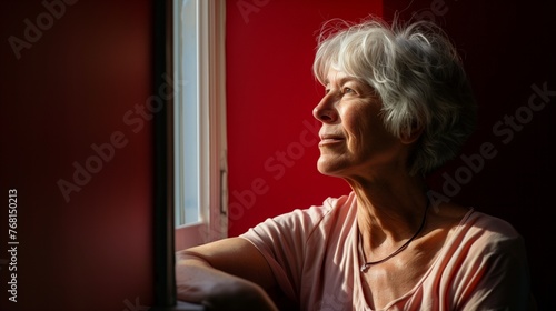 Portrait of a widow looking up out a window