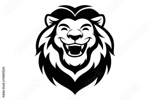 Lion with a big smile  for a logo. Simple black and white drawing style  with few drawing lines hgh