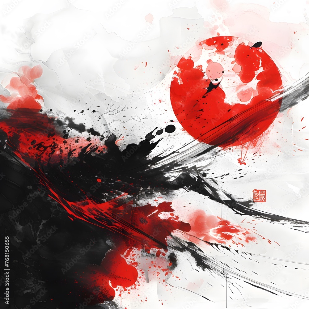 Black and red ink painting of a landscape with Japanese oriental style. Black and red ink painting of a landscape with Japanese oriental style.