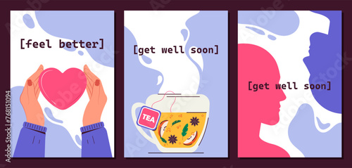 Get well soon set. Hands with heart and tea in glass. Comfort and coziness. Mental wellbeing and relaxation, care about felings. Cartoon flat vector collection isolated on blue background