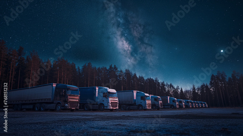 Nestled in a remote rural area, a row of trucks sits parked under the expansive starry night sky, their silhouettes a row of trucks parked illuminated by the soft glow of moonlight.