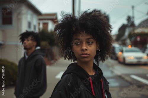 Cinematic shot, black woman in the foreground, black man in the background wearing street fashion clothing. Car and streets on a blurred background